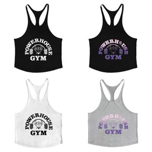 POWERHOUSE GYM 남성용 프린트 스트링거 스트랩 조끼 코튼 피트니스 Y 탱크 체육관 운동 민소매 반소매 Topfortable