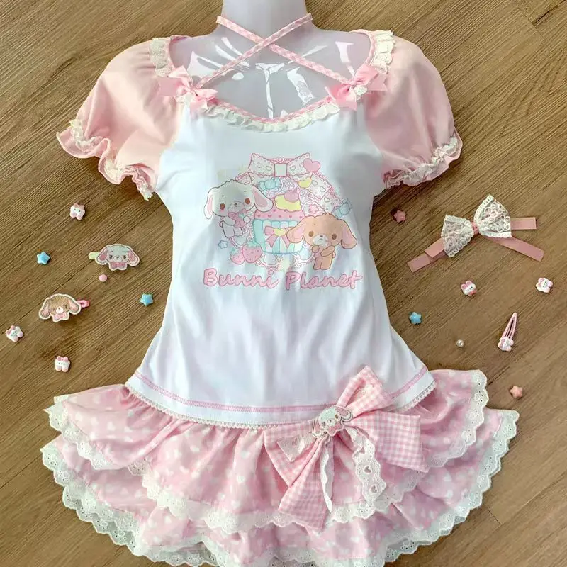 일본 여름 귀여운 로리타 스타일 스커트 세트 여성용 스윗 라운드넥 러플 만화 프린트 탑 보우 러브 케이크 스커트 Y2k 슈트