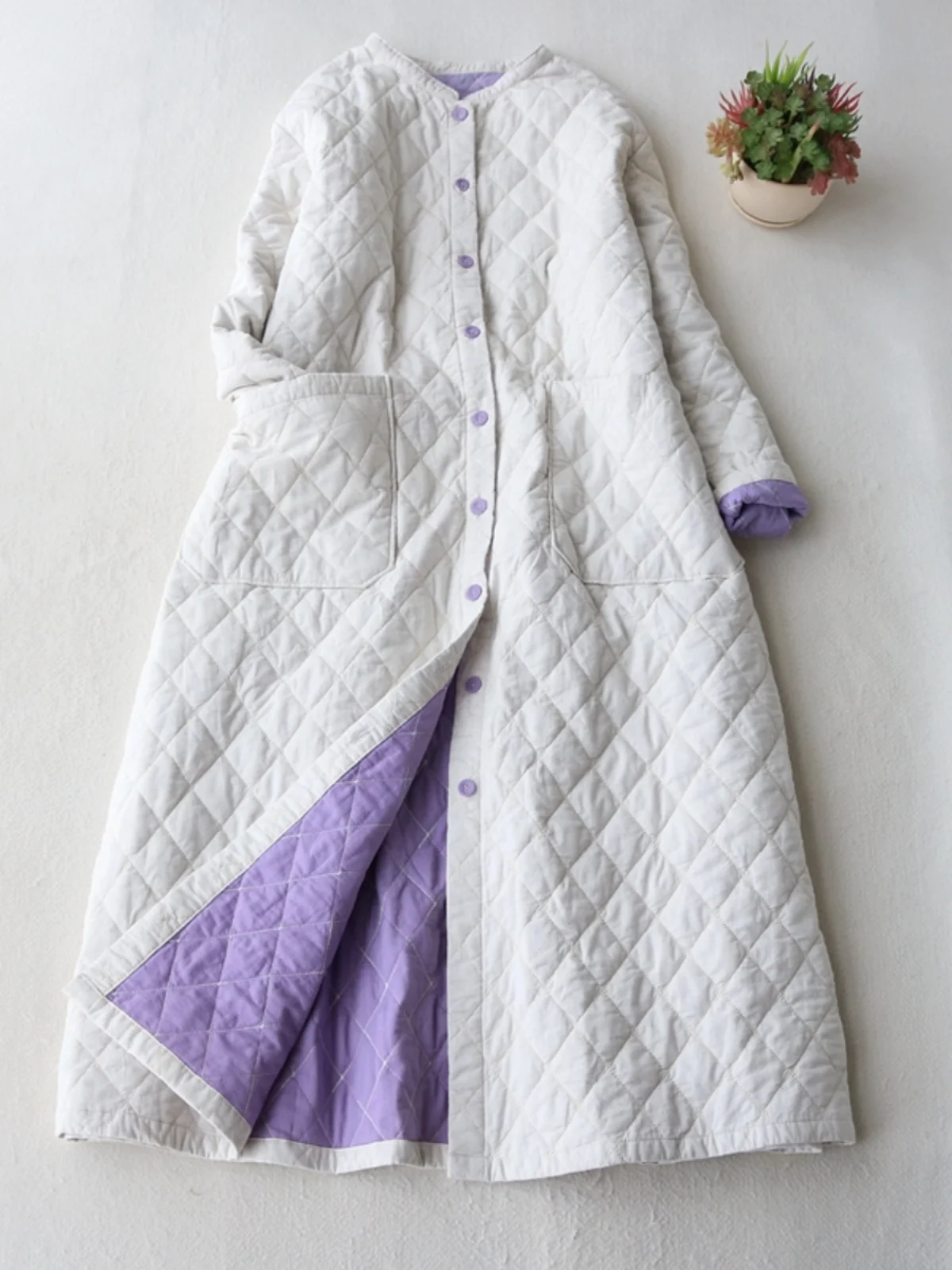 플러스 사이즈 가을 겨울 코튼 재킷 퀼팅 롱 따뜻한 캐주얼 루즈 아티스틱 다이아몬드 패턴 여성 패션 아우터웨어