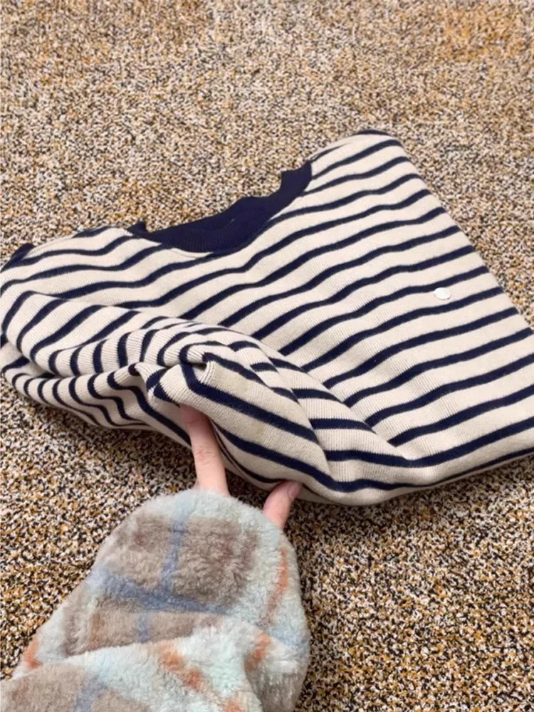 레트로 아메리칸 스트라이프 라운드 넥 스웨트셔츠 여성용 봄 가을 루즈 레이지 유니크 슈퍼 아름다운 탑 한국 스타일 긴팔