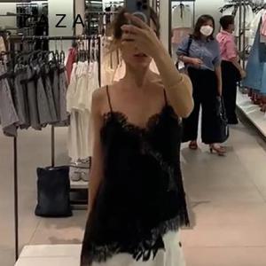 2025 여름 여성 홀터넥 탑 새틴 레이스 스플라이스 탱크 백리스 딥넥 섹시 베스트 언밸런스 밑단 베스티도 여성 휴가 섹시 탑