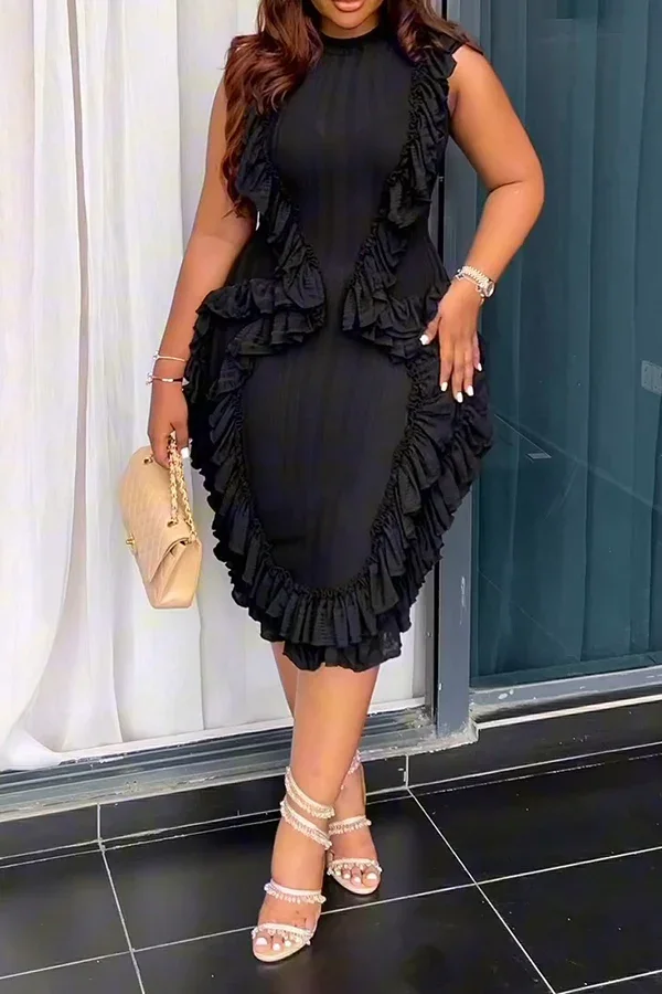 여성 플러스 사이즈 스키니 드레스 라운드 넥 태슬 러플 밑단 슬리브리스 바디콘 캐주얼 엘레강스 스트릿웨어 슬림 여름 원피스