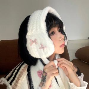 겨울 추위 보호를 위한 세련된 리본이 달린 니트 타이 이어 워머, 학생 플러시 이어 머프, 원사 이어 워머