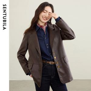 SENTUBILA 여성용 커피 Pu 가죽 자켓 현대 바이커 스타일 노치 칼라 코트 긴 소매 캐주얼 방풍 코트 W53GE2747