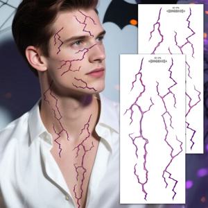 2개 대형 가짜 타투 스티커 - 할로윈 파티, 얼굴 및 바디 아트 용품을 위한 세밀한 검정색과 빨간색 번개 정맥 디자인