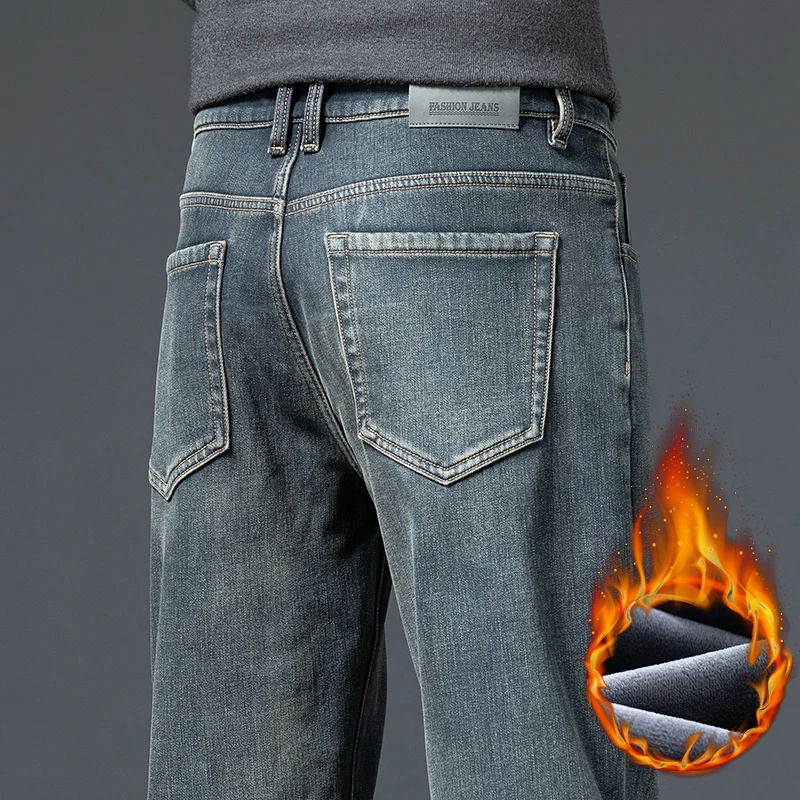 2025 겨울 신상 남성용 청바지 플리스 따뜻한 스트레이트 플러시 팬츠 두꺼운 보온 스트레치 레트로 워싱 데님 팬츠 브랜드 의류