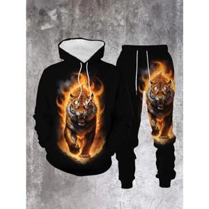 호랑이 패턴이 있는 남성용 플러스 사이즈 후드티 세트는 이 세트에 무한한 에너지를 선사하고 세탁기로 세탁할 수 있습니다.