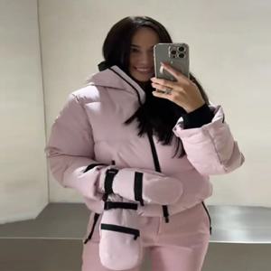 여성 후드 지퍼 숏 스키 코튼 재킷 긴 소매 두꺼운 따뜻한 코트 편안한 긴 스포츠 팬츠 2025 신상 여성 스키 세트