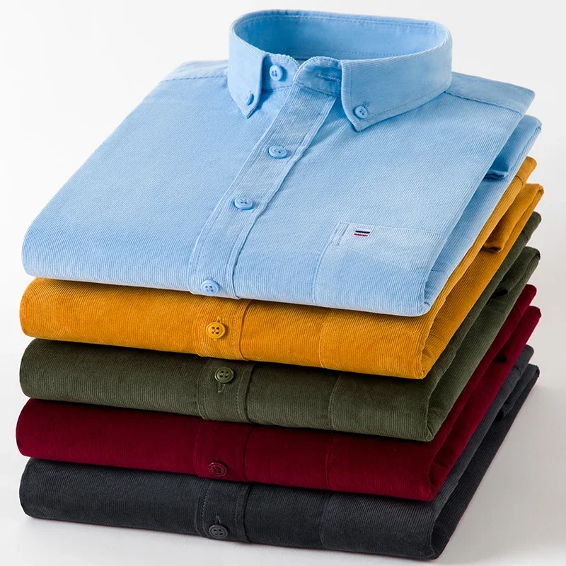 2023 코튼 코듀로이 가을 겨울 긴 소매 레귤러 피트 남성 캐주얼 셔츠 Pokets가있는 따뜻한 솔리드 남성 셔츠