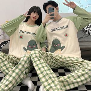 공룡 만화 잠옷 코튼 잠옷 커플 긴 소매 잠옷 정장 Pijama 여성 남성 Loungewear 플러스 사이즈 Pjs Home Cloth