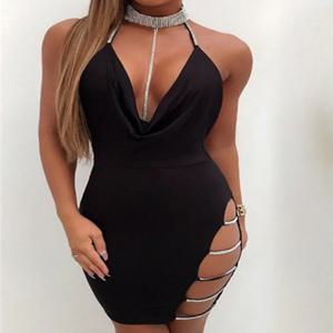섹시한 딥 브이 넥 로우 컷 사이드 스플릿 실버 칼라 Bodycon 드레스 여성 우아한 백리스 민소매 미니 드레스 클럽 파티 Vestidos
