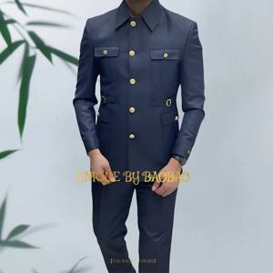 네이비 남성용 골드 단추 클로저 칼라 블레이저, 결혼식 무도회 파티 맞춤 턱시도, 아프리카 스타일 투피스 수트 (재킷 + 바지)