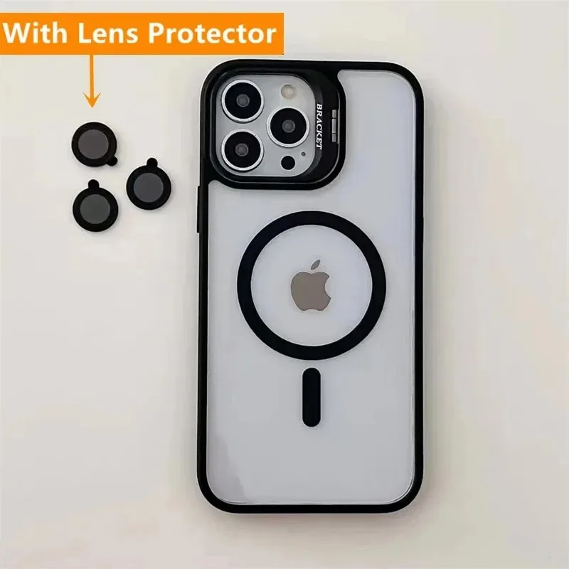 iPhone 16 15 14 13 12 11 Pro Max Plus 용 고급 Magsafe 케이스 렌즈 보호 기능 포함 금속 링 스탠드 마그네틱 커버