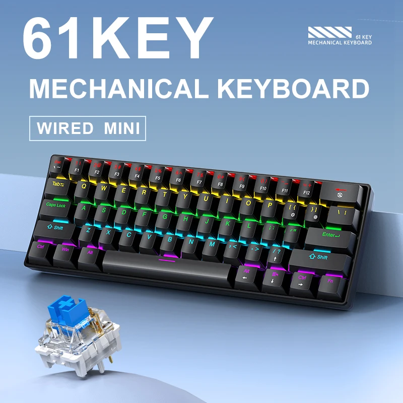 61 키 기계식 키보드 유선, APAYADO K61 RGB 60% 휴대용 미니 키보드 검정, 흰색, 게임용 빨간색/파란색 스위치