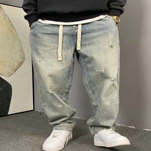 플러스 사이즈 300파운드 남성용 아메리칸 스타일 워싱 데님 루즈 스트레이트 레그 바지 여름 캐주얼웨어