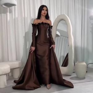 맞춤형 스파클 플리츠 플라워 스트레이트 오프 숄더 롱 드레스, 맞춤형 하이 퀄리티, 맞춤형 행사 드레스