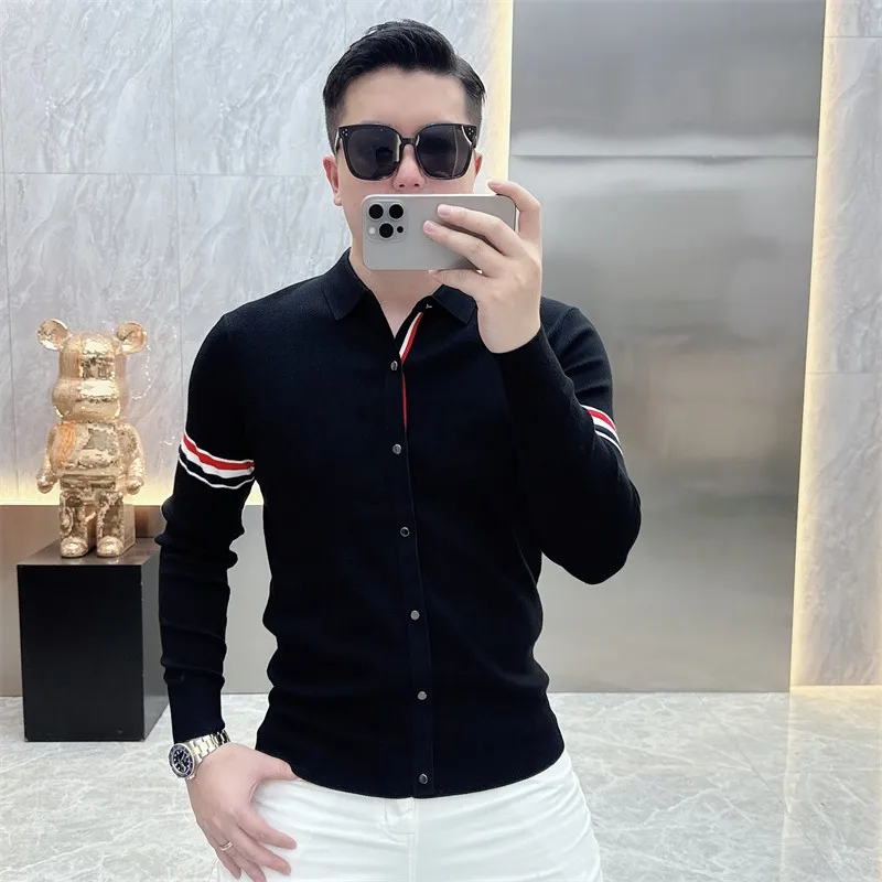 남성용 패셔너블 니트 긴팔 스트라이프 폴로넥 스웨터 슬림핏 다용도 가을 겨울 스트리트웨어 트렌디 스타일