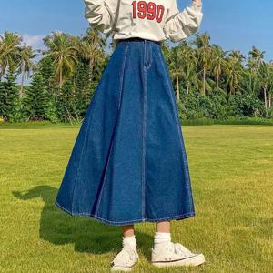 하이 웨이스트 A라인 미디 스커트 여성 데님 스커트 슬리밍 피쉬 테일 스커트 모든 체형에 적합한 봄 캐주얼 코튼 블렌드 스커트