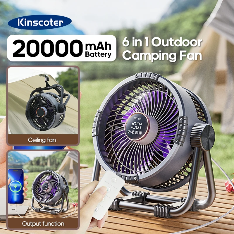 KINSCOTER 휴대용 6 in 1 캠핑 팬 20000mAh 다기능 야외 데스크탑 공기 순환기 무선 천장, 후크 및 조명 포함 Portable 6 in 1 Camping Fan 20000mAh Multifunctional Outdoor Desktop Air Circulator Wireless Ceiling  w/ Hook & Light