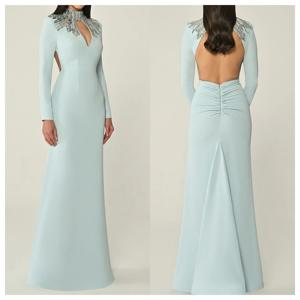 맞춤형 럭셔리 블루 저지 이브닝 드레스 하이 칼라 긴 소매 연예인 가운 맞춤형 행사 가운 크리스탈 드