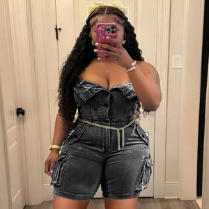 섹시한 스트랩리스 버튼업 데님 롬퍼 여성 숏 오버올 2025 여름 스트릿 캐주얼 슬리브리스 카고 진 점프수트 포켓 포함
