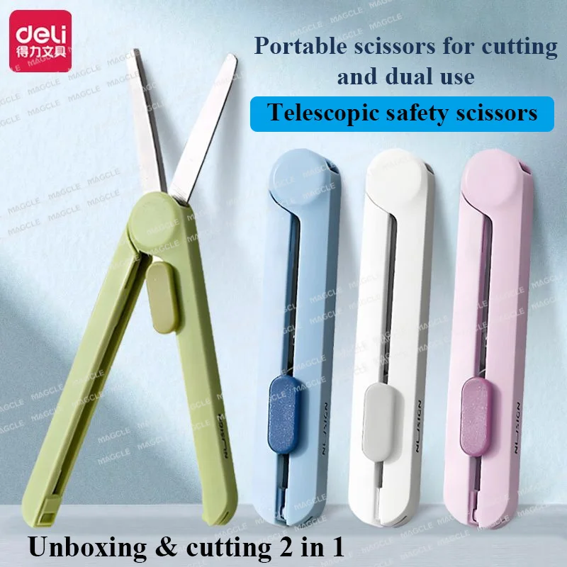 델리 미니 가위 톱니 Unboxing 커터 이중 용도 편지지 스테인레스 스틸 녹 방지 라운드 팁 블레이드 귀여운 휴대용 가제트