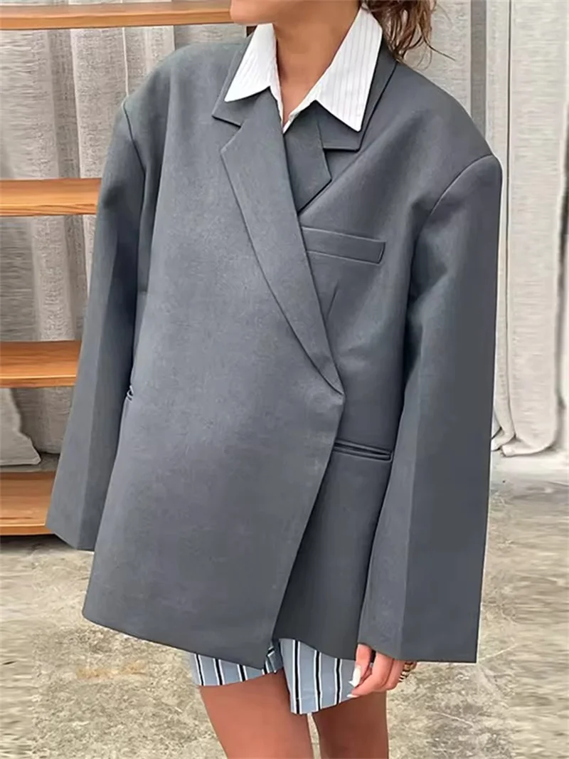 패션 여성 블레이저 긴 소매 옷깃 사이드 버튼 정장 재킷 2025 봄 노치 숙녀 사무 작업복 Outwear