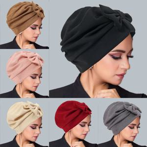 2025 새로운 활 여성 Hijab 솔리드 ​​컬러 이슬람 숙녀 Turban 보닛 부드러운 탄성 머리 랩 머리 스카프 인도 모자
