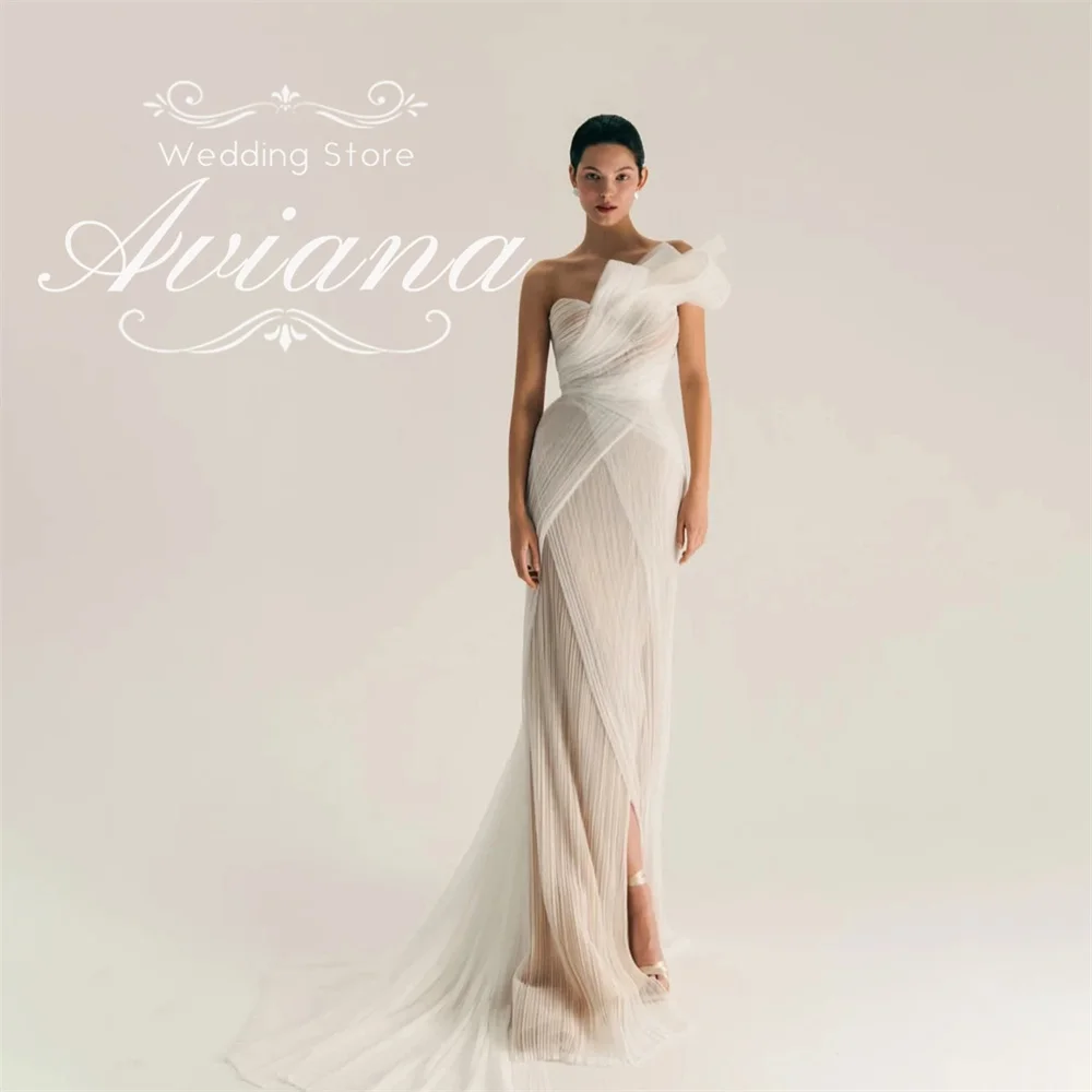 맞춤형 Aviana 원 숄더 프릴 Tulle Sheer 오버레이 인어 웨딩 드레스 오픈 백 하이 슬릿 롱 트레인 민소매 2025