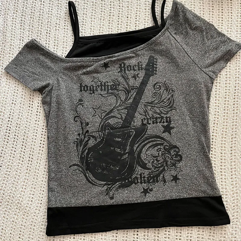 Y2k 슬림 피트 프린트 탑 여성 오프 숄더 반소매 티셔츠 Neploe American Vintage Fake Two Piece Halter 레이스 업 티셔츠