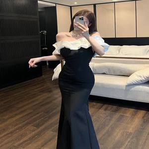 우아한 이브닝 가운 원숄더 슬림핏 피쉬테일 드레스 여성 파티 호스트 폴리에스터 원단 반팔 롱 드레스