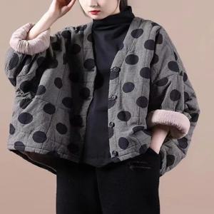 플러스 사이즈 여성용 코튼 자켓 두꺼운 브이넥 숏 아우터웨어 레트로 도트 프린트 루즈핏 가을 겨울 패션
