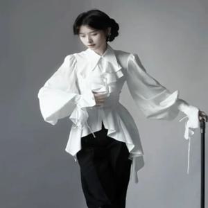 로리타 고딕 긴팔 셔츠 여성 우아하고 심플한 흰색 올매치 블라우스 2025년 초가을 신상 슬림핏 블루사 여성용