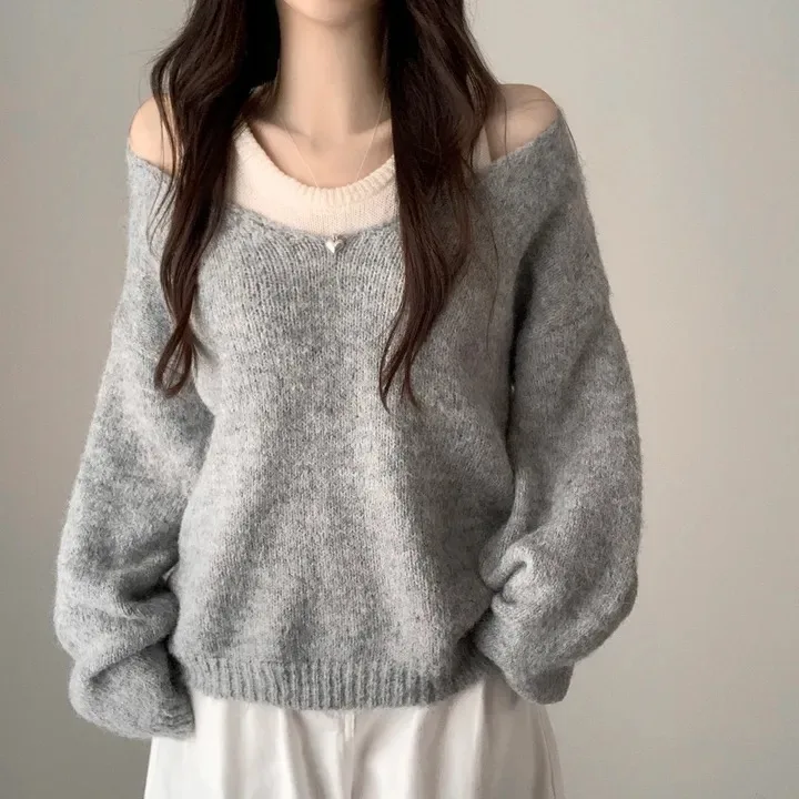 시크한 두꺼운 루즈핏 캐주얼 브이넥 니트 스웨터 탑과 스트랩 투피스 세트 여성용 가을 겨울 패션 편안함