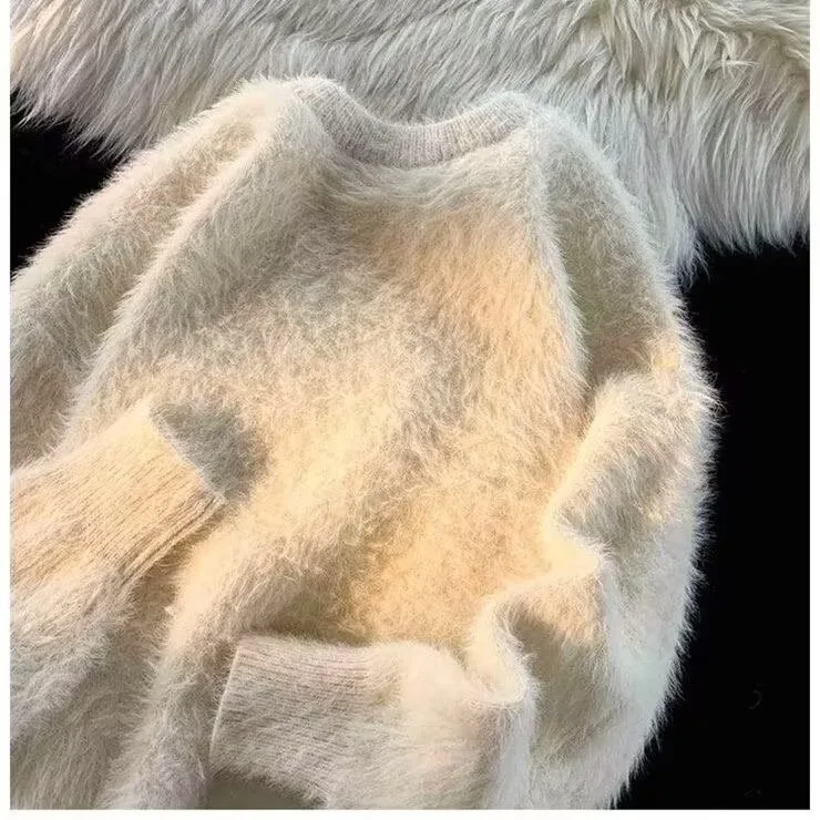 따뜻한 루즈핏 남성 니트 스웨터 부드럽고 푹신한 라운드넥 캐주얼 겨울 패션 두꺼운 긴팔 청년 스타일 단색