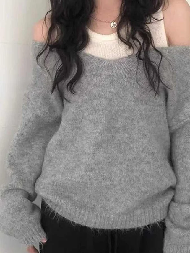 시크한 가을 루즈 니트 베스트 부드러운 긴 소매 이너웨어 세트 편안한 브이넥 스웨터 투피스 여성용