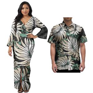 하와이 커플 세트 폴리네시안 트라이벌 플로럴 프린트 여성 슬림 섹시 드레스 & 남성 셔츠, 이브닝 드레스 파티룩