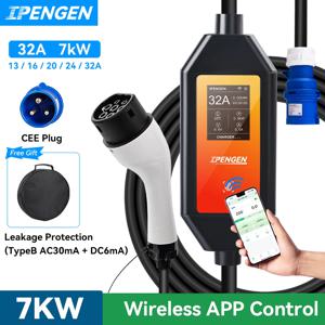 IPENGEN 32A 7KW 타입2 타입1 EV 충전기 휴대용 GB/T 전기차 충전기 1상 EVSE 충전 5M 케이블 WiFi 앱 제어