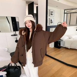 따뜻한 다운 재킷 여성용 파이 오버컴 윈터 2025 신상 면 패딩 코트 여성 파카스 혼 후드 아우터코트 큰 퍼 칼라 오버코트