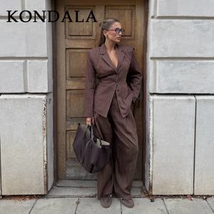 콘달라 2025 가을 겨울 스트라이프 오피스룩 정장 패션 우아한 브라운 벨트 루즈핏 싱글 브레스티드 블레이저 시크 와이드 팬츠