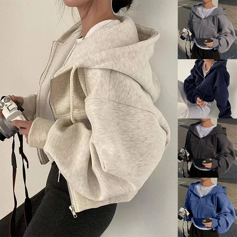 2025 봄 가을 신상 플러스 사이즈 인스플리스 안감 크롭 슬림핏 실루엣 지퍼업 따뜻한 네이비 블루 후드 스웨트셔츠 여성용