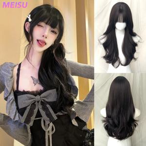 메이수 26인치 롱 웨이브 블랙 가발 합성 섬유 레이어드 내열성 자연스러운 부드러운 여성용 데일리 귀여운 앞머리 가발