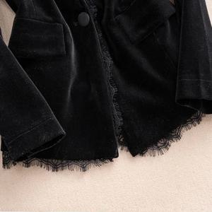 봄 신상 블랙 벨벳 여성 재킷 긴 소매 슬림 핏 허리 조임 레이스 트림 골드 벨벳 스몰 슈트 탑