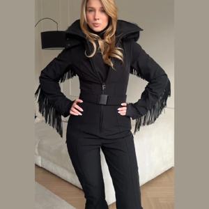 두꺼운 원피스 스키복 여성용 인조 모피 후드 태슬 코트 하이웨이스트 벨트 점프수트 2025 겨울 방풍 방수 스키웨어