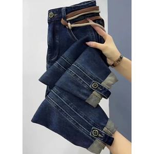 2023 새로운 봄 가을 높은 허리 스트레이트 청바지 대형 루즈 피트 스트레치 Haren 데님 바지 숙녀 발목 길이 청바지 바지