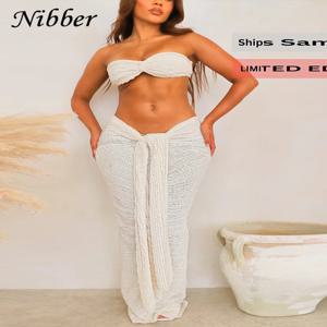 Nibber 우아한 쌓인 접이식 두 조각 세트 여성 솔리드 얇은 Strapless 가슴 탑 + 슬림 스커트 여성 streetwear 매칭 양복