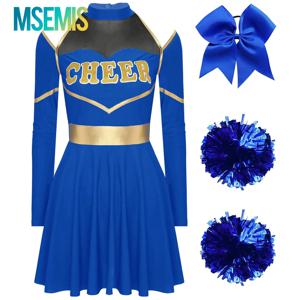 무대 공연을위한 여자 치어 리더 의상 학교 여자 치어 리더 드레스 Bowknot 헤어 밴드 및 2Pcs 꽃 공 의상