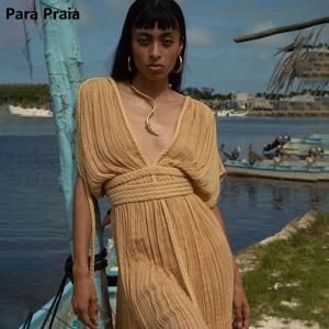 Para Praia 할로우 아웃 니트 긴 원피스, 2024 비치 원피스, 드로스트링 수영복 커버 업, 섹시한 비치 의상, 여성용 비치웨어