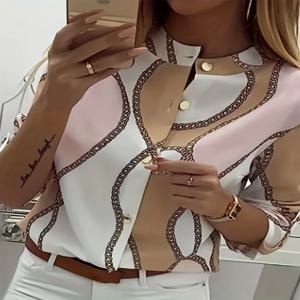 플러스 사이즈 캐주얼 탑, 여성용 플러스 컬러블록 체인 프린트 버튼 업 롤업 슬리브 라운드 넥 탑