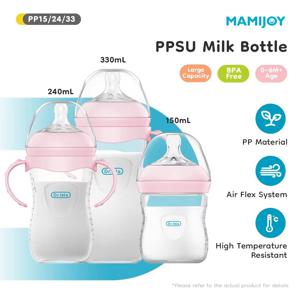 MAMIJOY 150/240/330ML 손잡이가 있는 아기 젖병 팽창 방지 및 낙하 방지 투명 스케일 우유병 수유 아기 젖병 BPA-FREE PP15